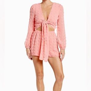Pink polka dots long sleeve bow front romper